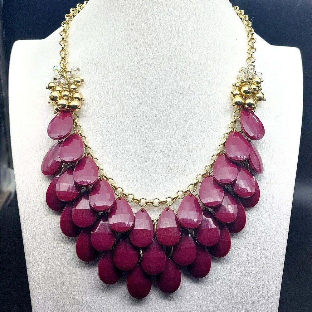 Dramatic Vintage Plum Teardrop Necklace – Gold Tone Chain, Layered Faceted Deep